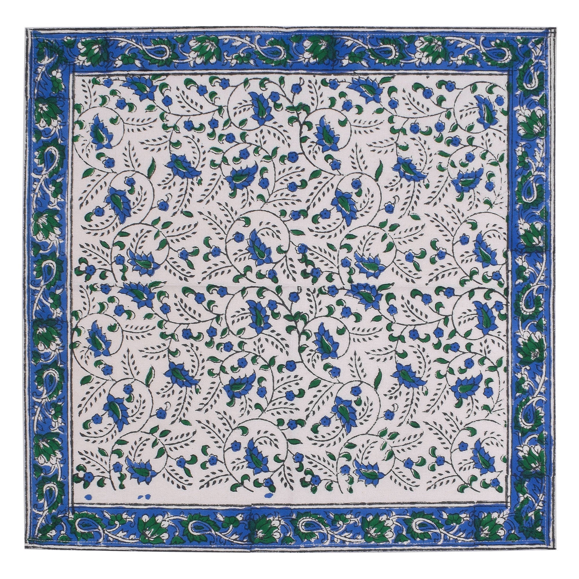 Blue Floral Handblock Print Cotton Napkins: Indian Dinner Napkins
