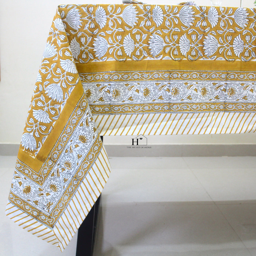 Mustard Floral Tablecloth: Hand-Block Printed Cotton, Waterproof Rustic Cover