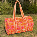 Large Orange pink Cotton Quilted Duffle Bags Block print Gifts Handmade Colorful Travel night Travel Gym Yoga Luggage pocket 18x9x9 inches