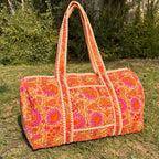 Large Orange pink Cotton Quilted Duffle Bags Block print Gifts Handmade Colorful Travel night Travel Gym Yoga Luggage pocket 18x9x9 inches