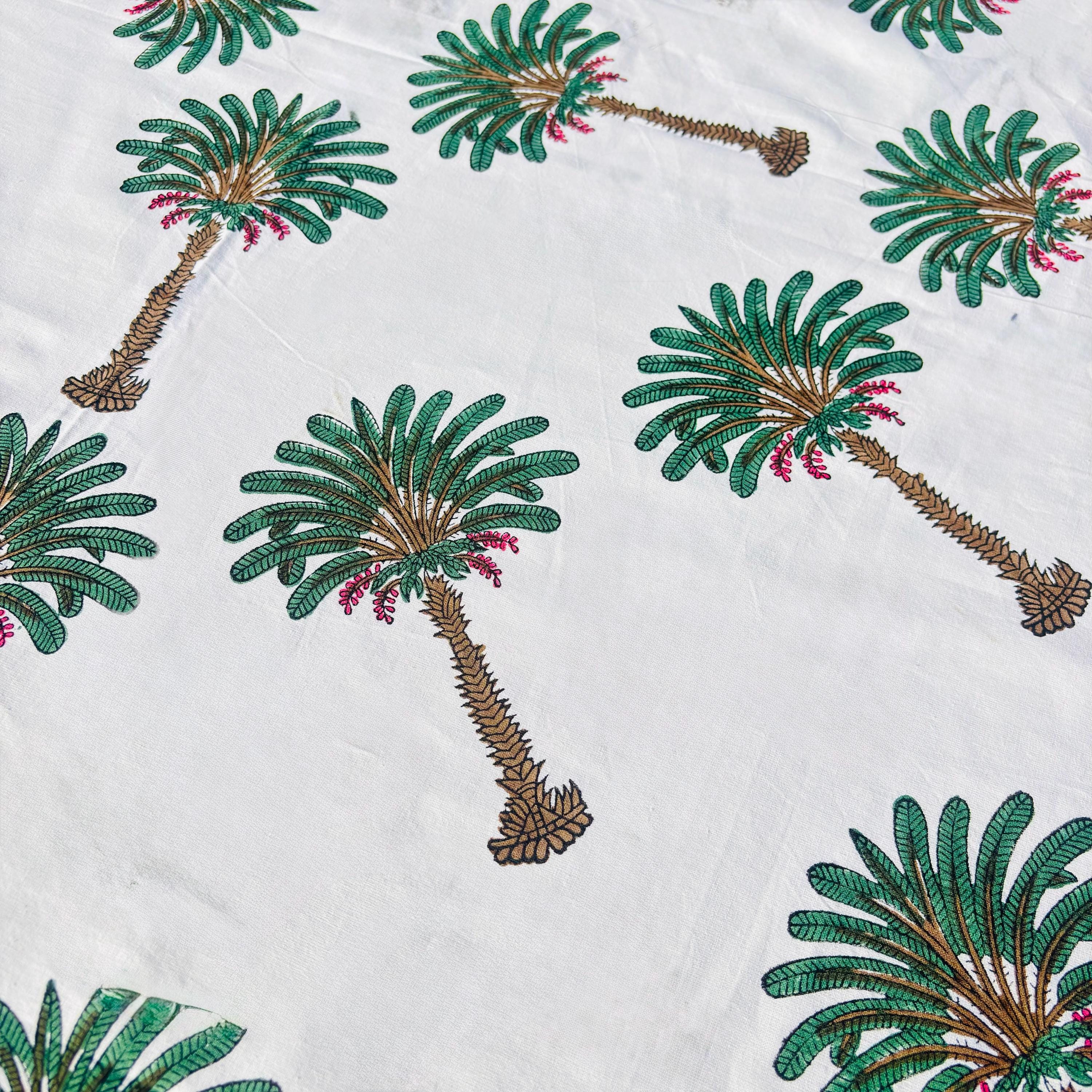 Hand Block Print Tablecloth: Tropical Palm Tree, 72 inch Round Cotton