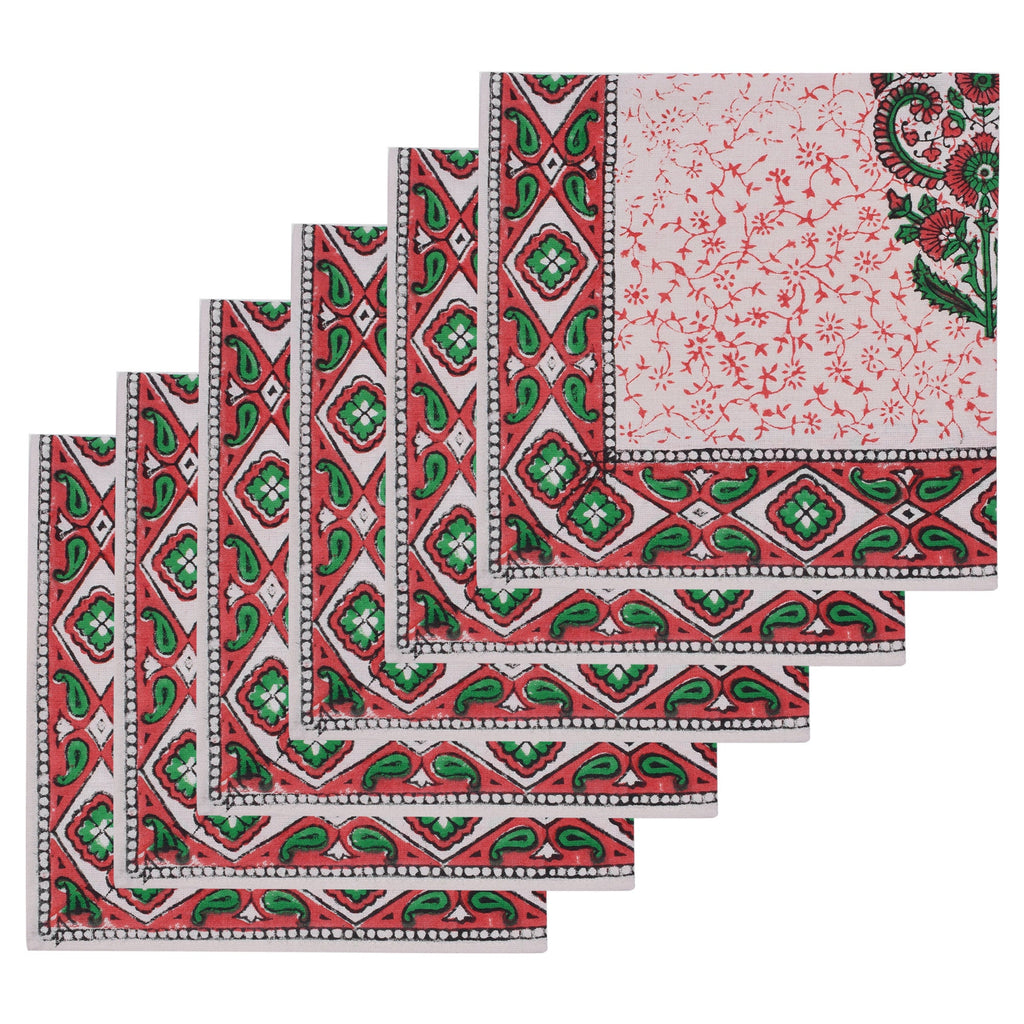 Hand Block Printed Placemats & Napkins: Burgundy Red Floral Cotton Set