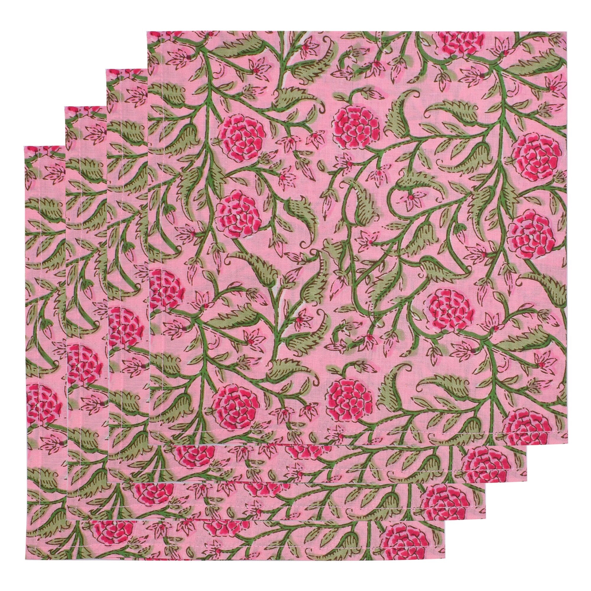 Floral Hand Block Printed Cotton Napkins: Pink & Green Table Decor