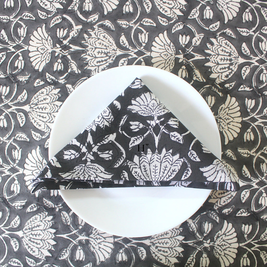 Black Floral Block Print Cotton Tablecloth - Waterproof Rustic Dining Cover