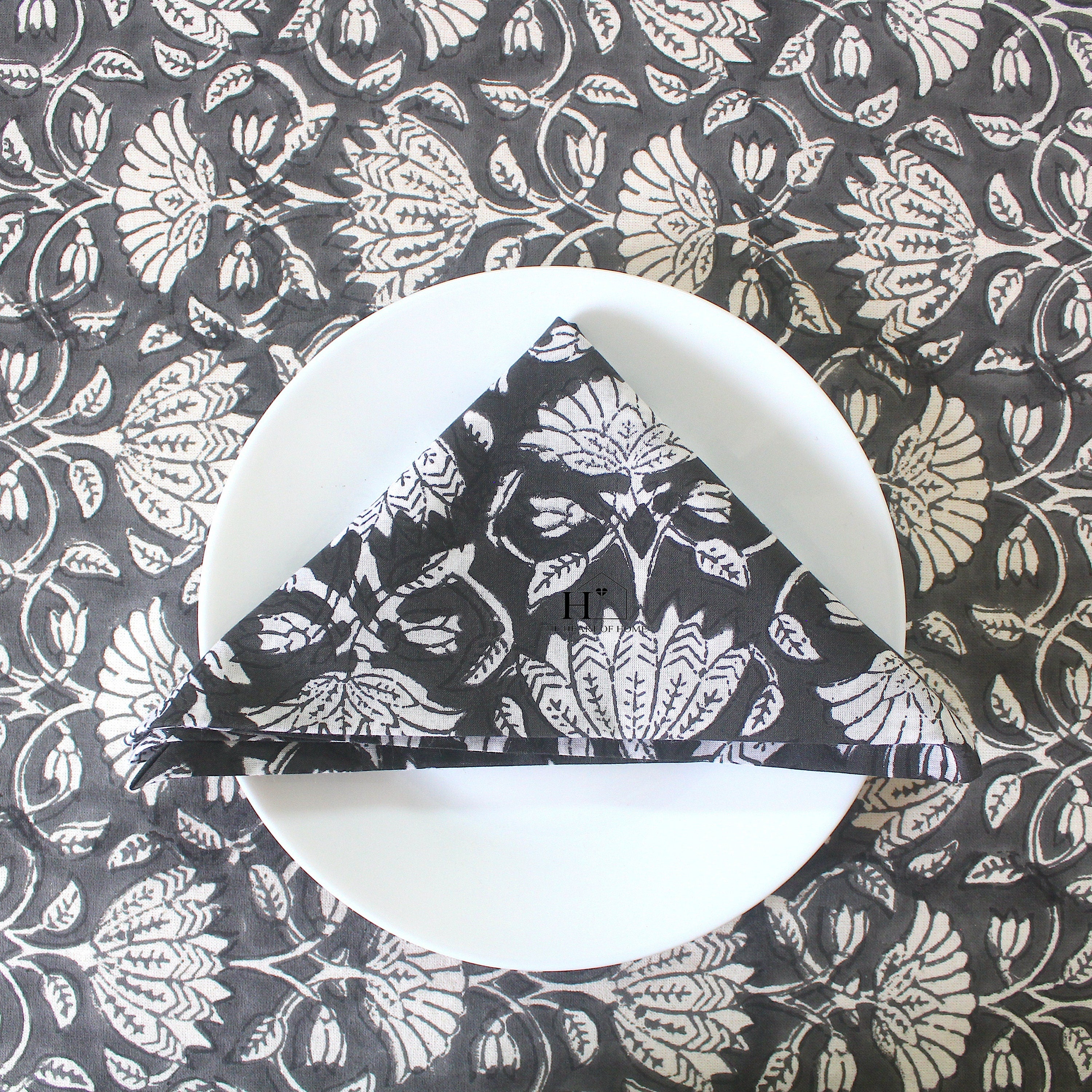 Black Floral Block Print Cotton Tablecloth - Waterproof Rustic Dining Cover