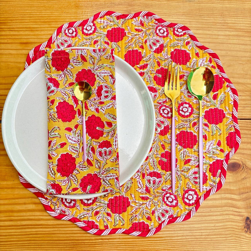 Floral Quilted Placemat & Napkin Set: Mustard Yellow Cotton Table Decor