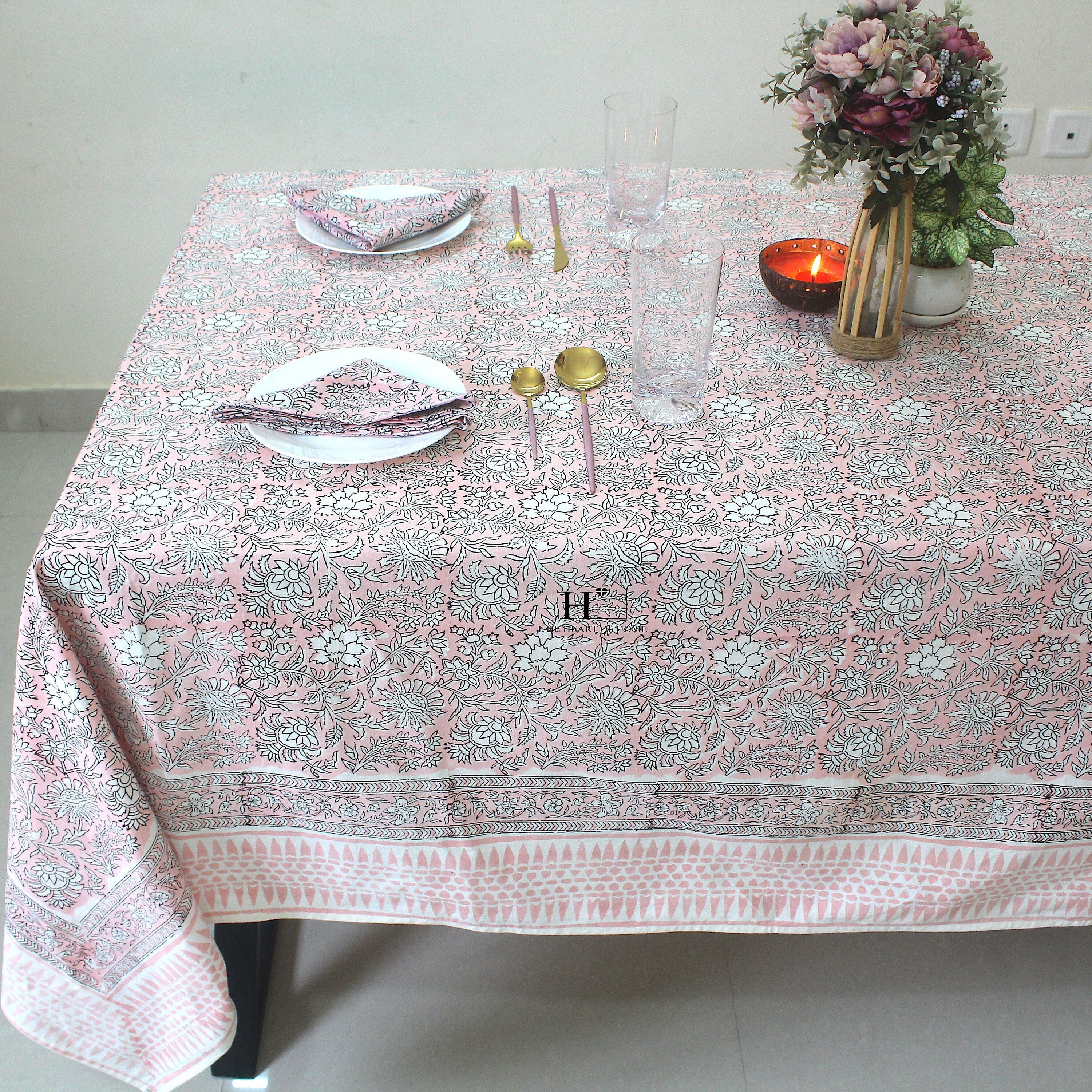 Pink Floral Block Print Cotton Tablecloth - Farmhouse Dining Cover