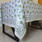 Sage Green Floral Tablecloth: Hand-Block Printed Cotton, Rustic Farmhouse Style