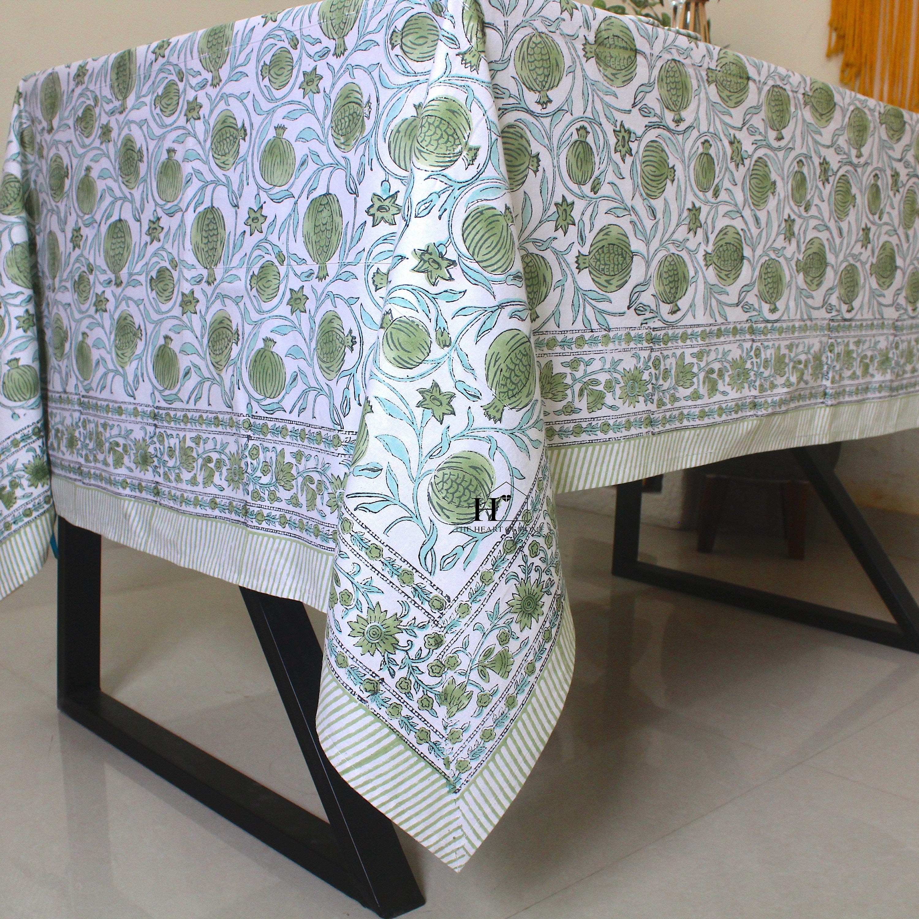 Sage Green Floral Tablecloth: Hand-Block Printed Cotton, Rustic Farmhouse Style