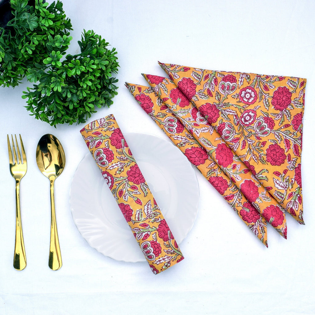 Hand Block Printed Cloth Napkins: Mustard & Pink Floral Cotton Dining Decor
