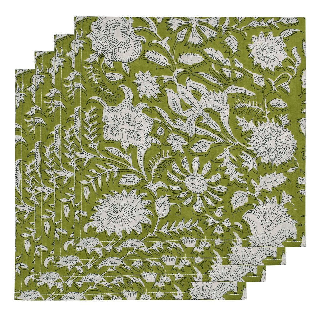 Hand Block Printed Cloth Napkins: Parrot Green Floral Cotton, Artisan Decor