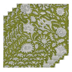 Hand Block Printed Cloth Napkins: Parrot Green Floral Cotton, Artisan Decor