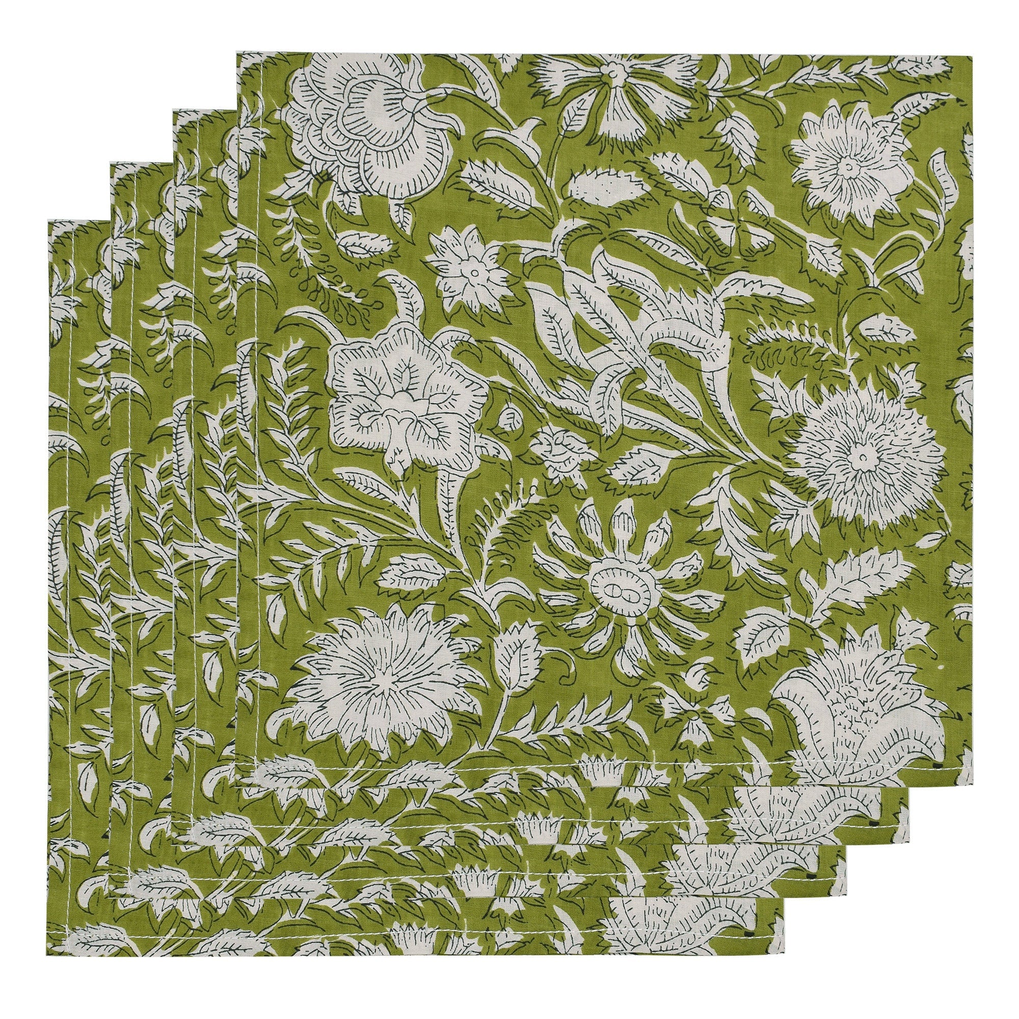 Hand Block Printed Cloth Napkins: Parrot Green Floral Cotton, Artisan Decor