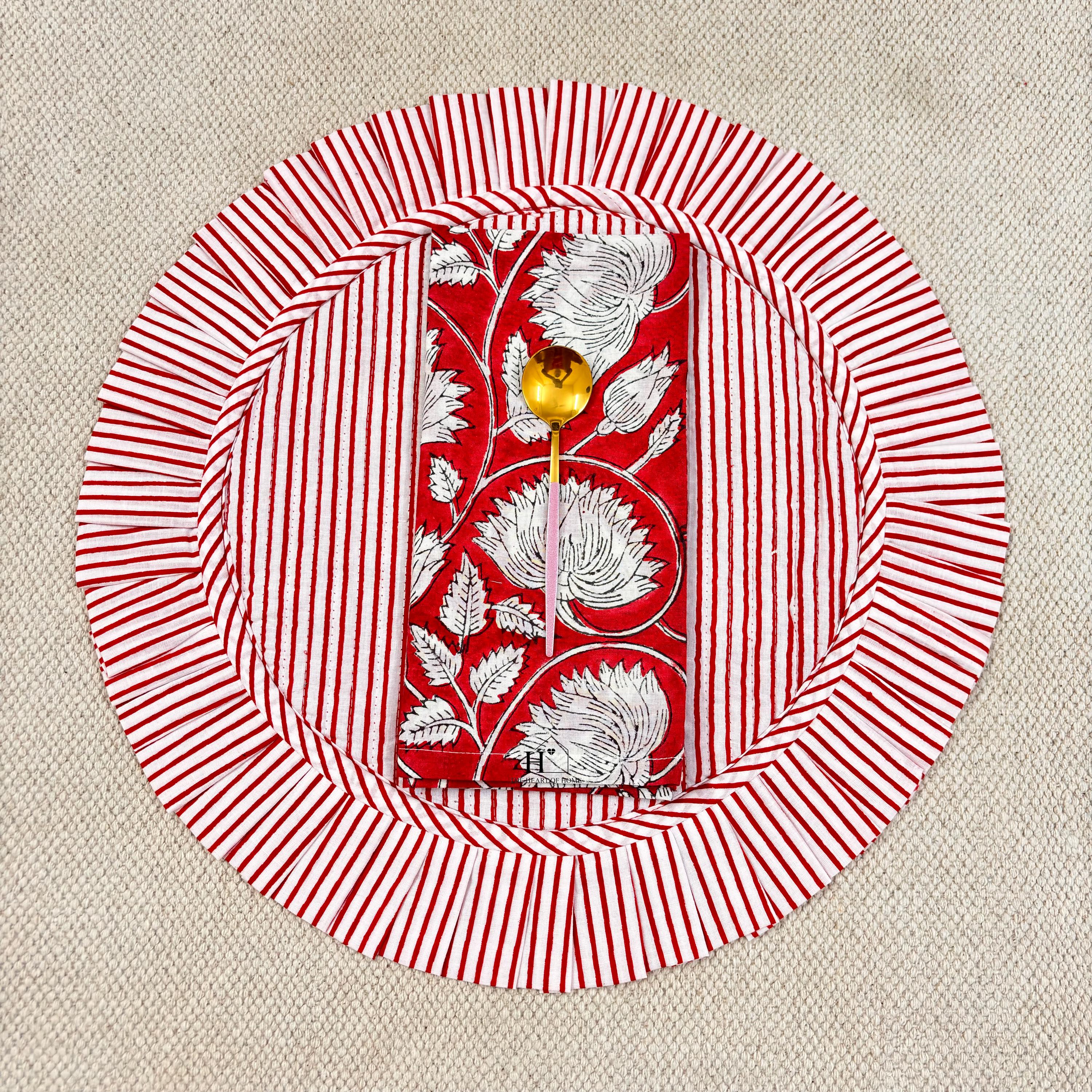 Red Floral Quilted Placemat & Napkin Set: 100% Cotton, Handmade