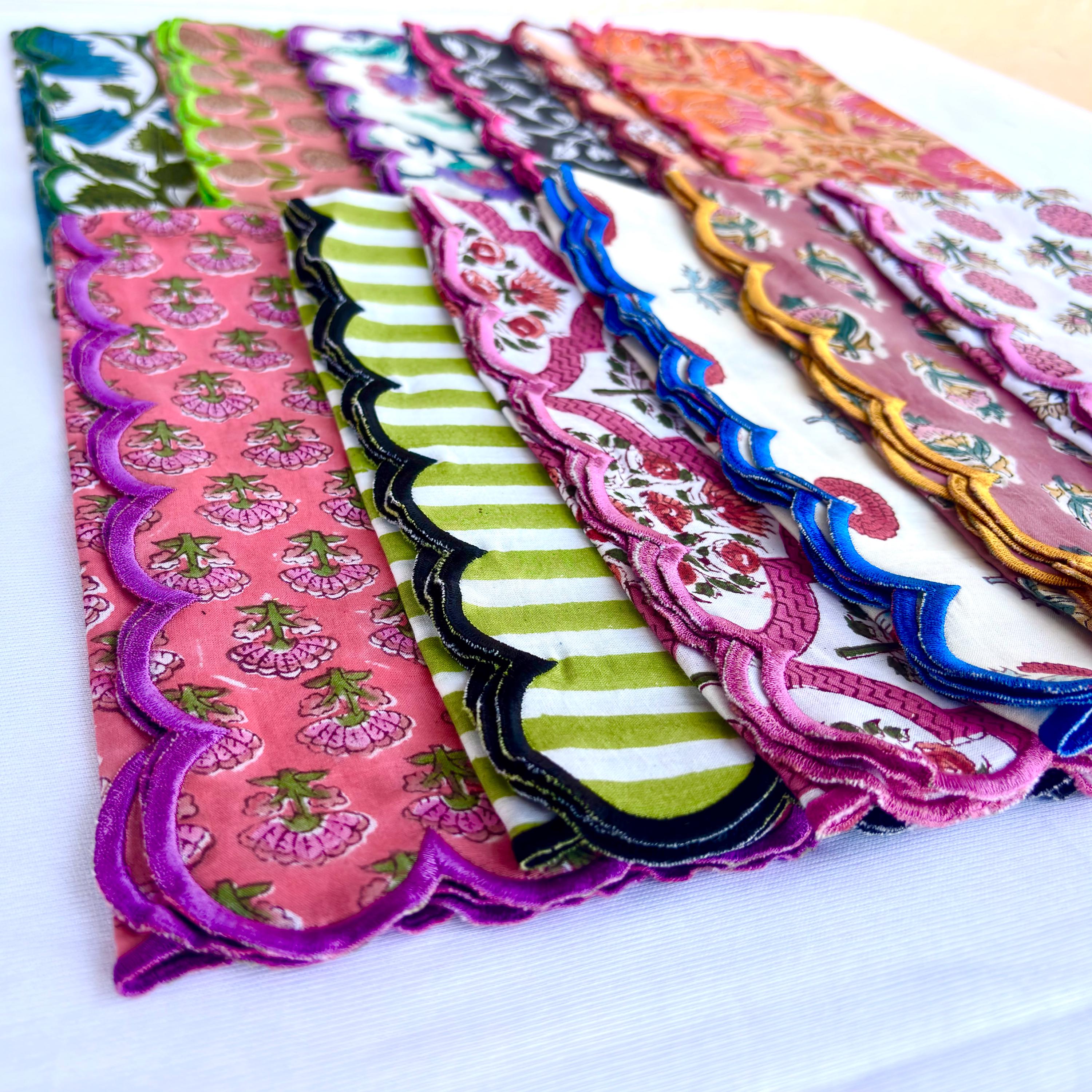 Hand Block Print Scallop Napkins: Floral Cotton Dinner Napkins