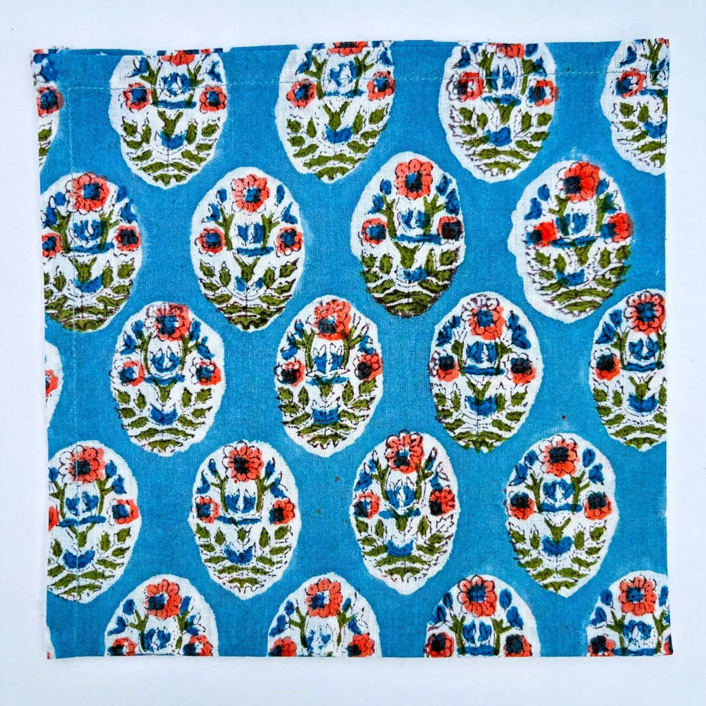 Handmade Blue Floral Block Printed Cotton Napkins
