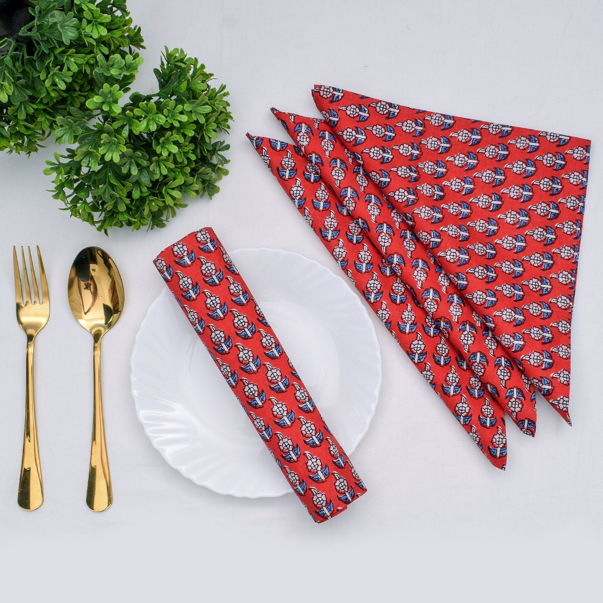 Handmade Red Floral Napkins: 100% Cotton Block Print Table Decor