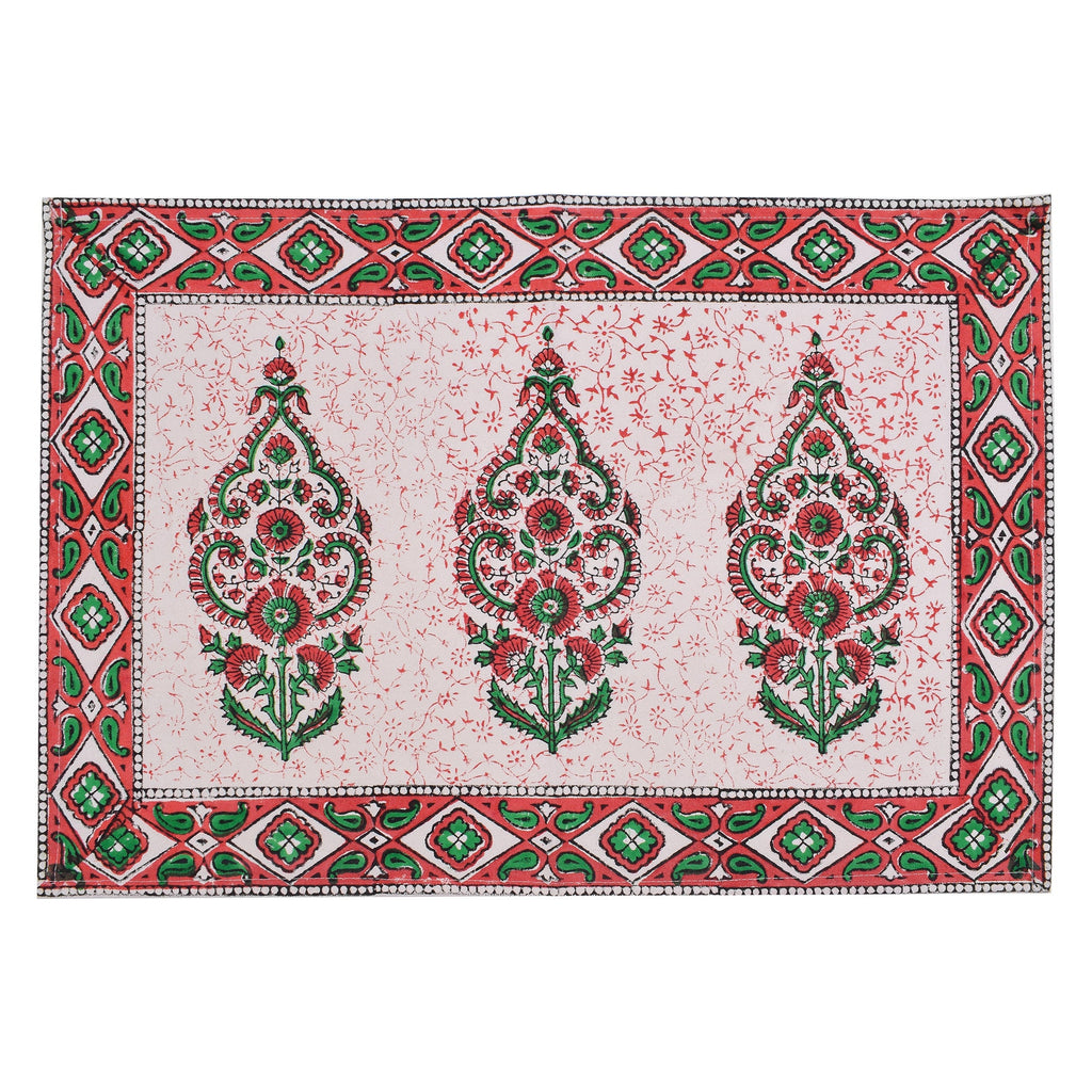 Hand Block Printed Placemats & Napkins: Burgundy Red Floral Cotton Set