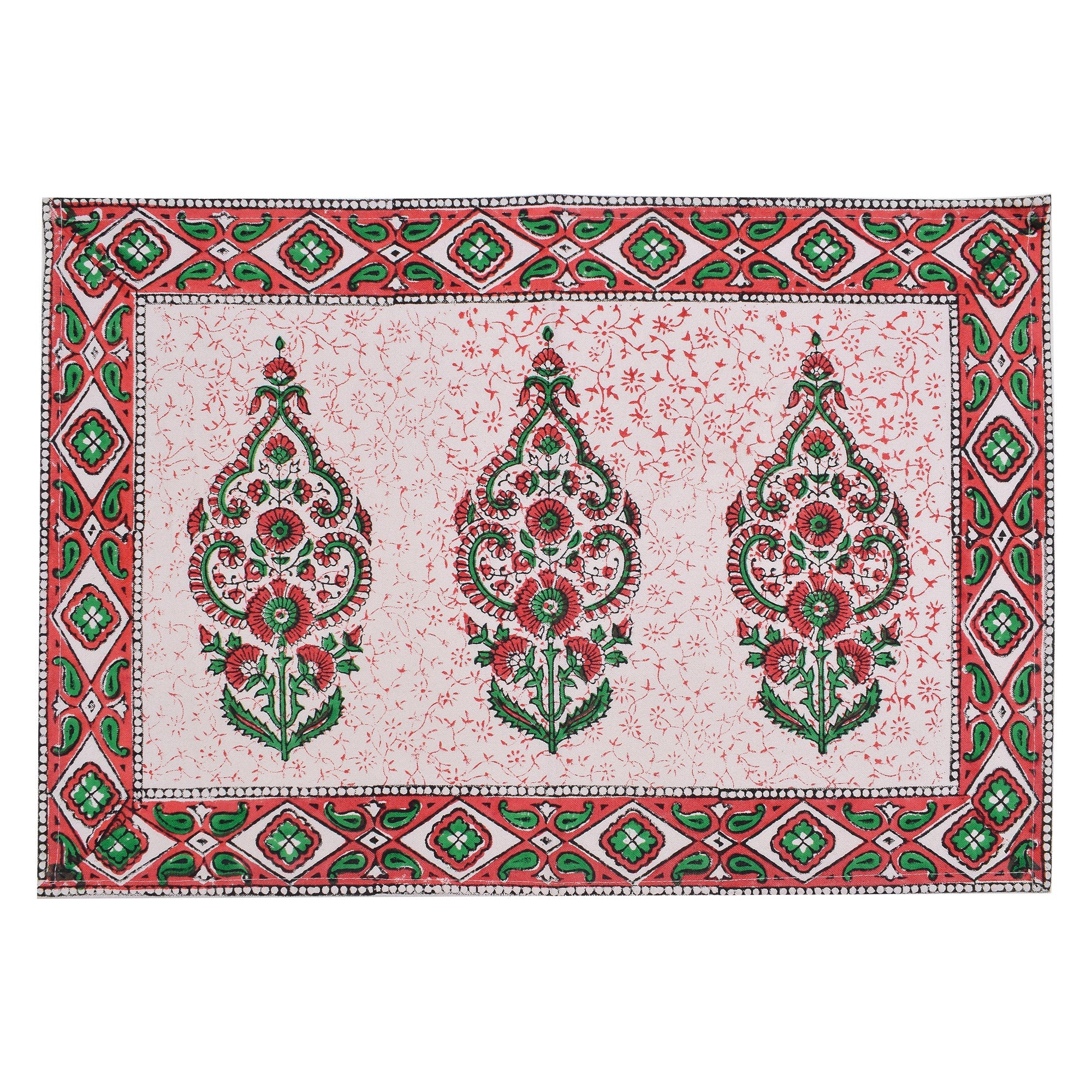 Hand Block Printed Placemats & Napkins: Burgundy Red Floral Cotton Set