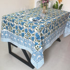 Blue Floral Block Print Cotton Tablecloth: Rustic Farmhouse Dining