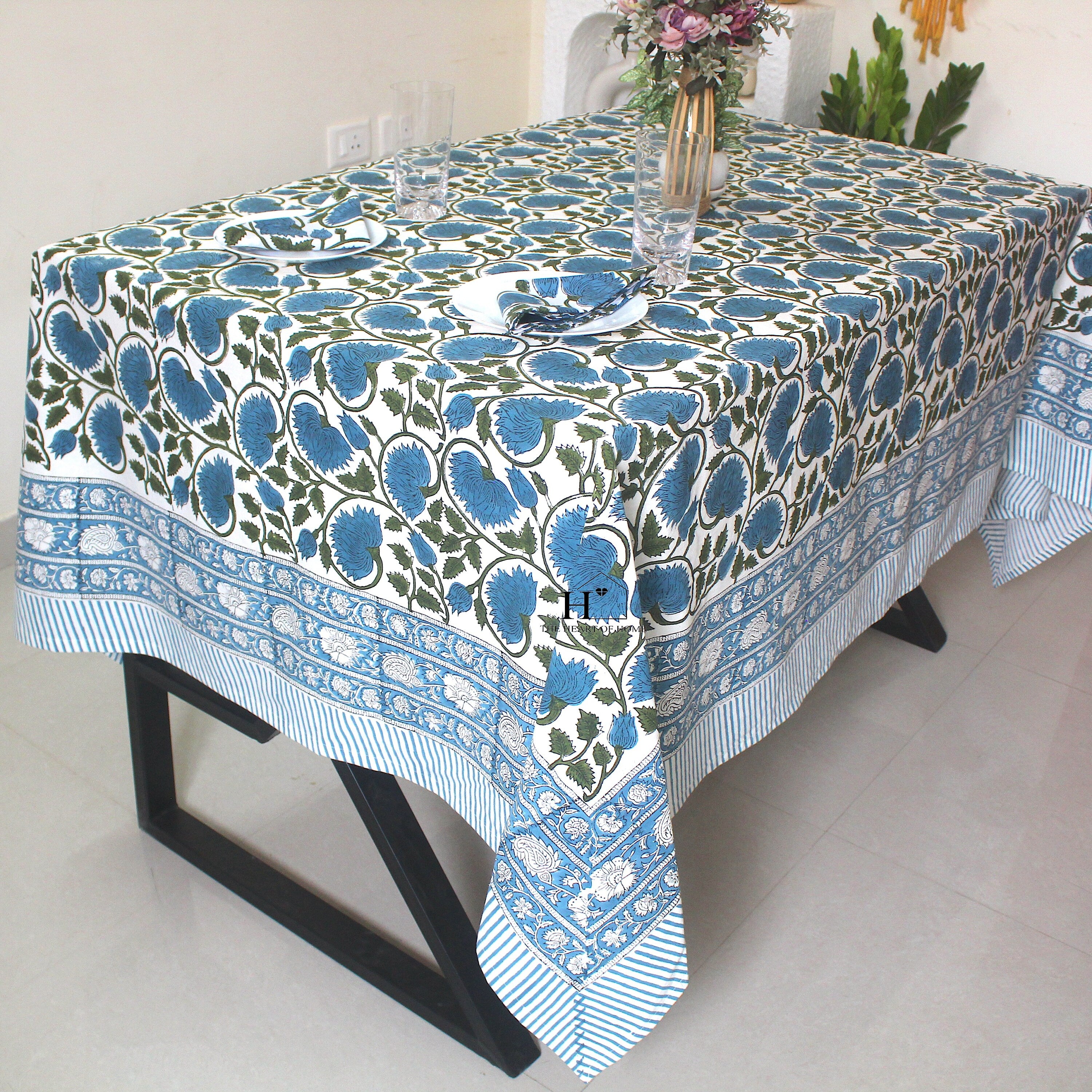 Blue Floral Block Print Cotton Tablecloth: Rustic Farmhouse Dining