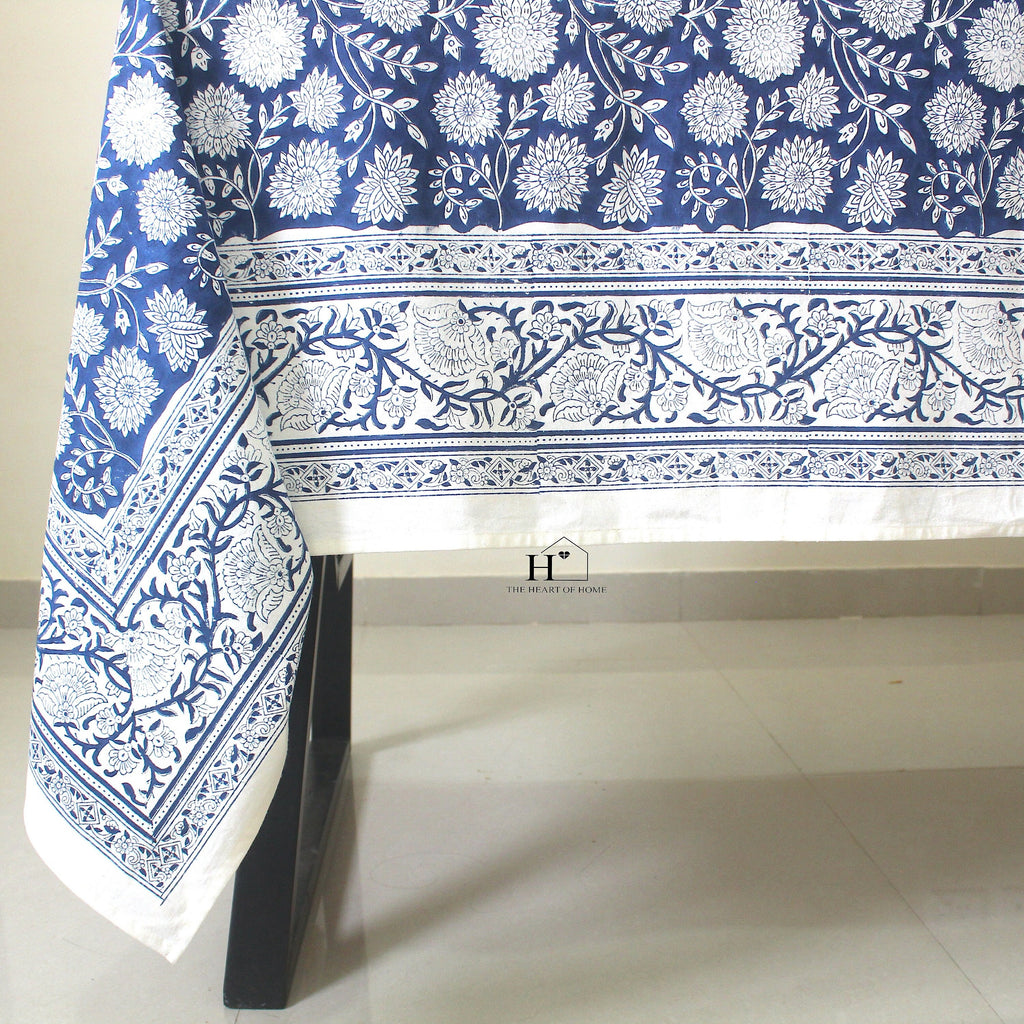Blue Floral Block Print Cotton Tablecloth: Vibrant Home & Event Decor