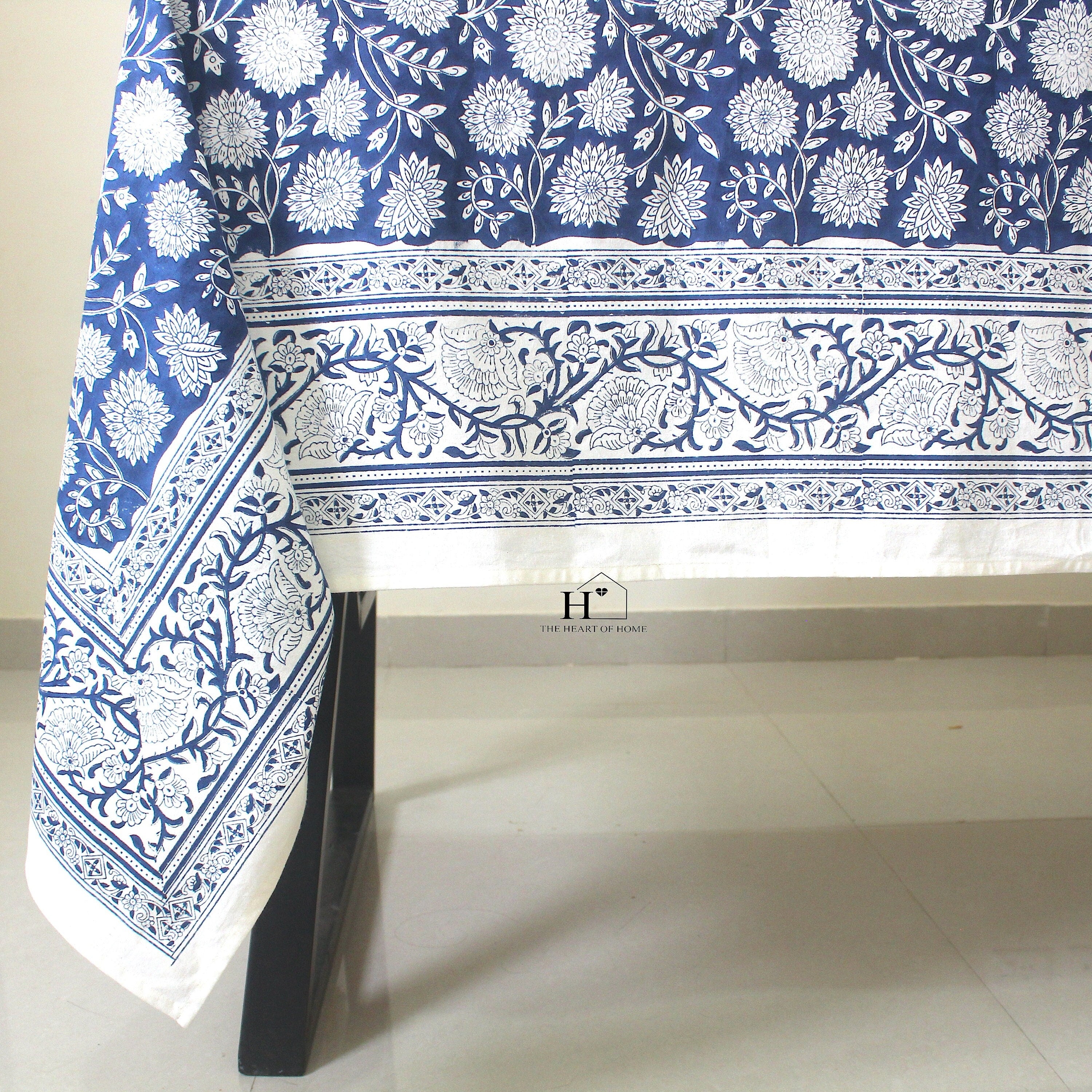 Blue Floral Block Print Cotton Tablecloth: Vibrant Home & Event Decor