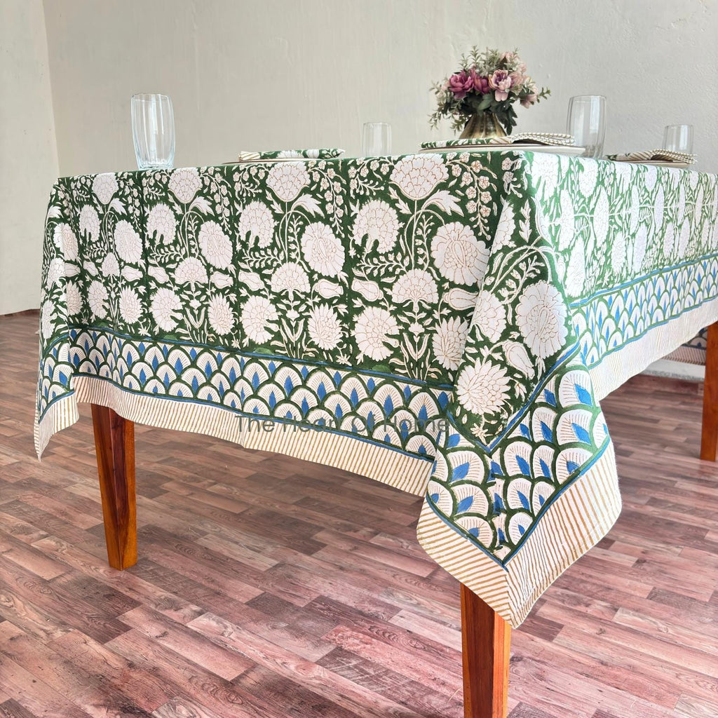 Green Floral Cotton Linen Tablecloth: Custom Sizes, Elegant Event Decor