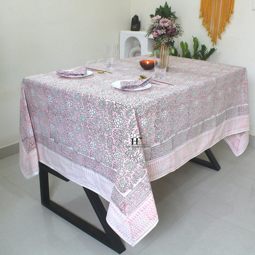 Pink Floral Block Print Cotton Tablecloth - Farmhouse Dining Cover