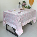 Pink Floral Block Print Cotton Tablecloth - Farmhouse Dining Cover