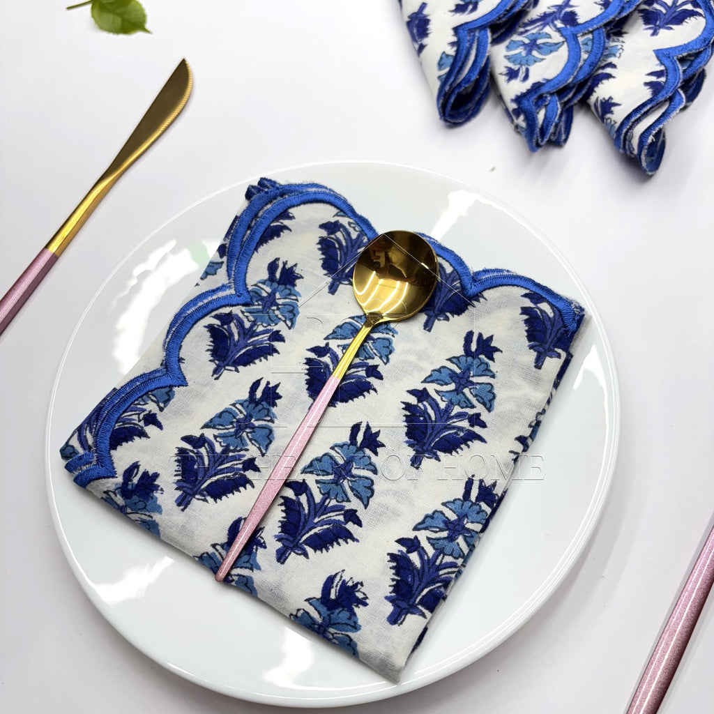 Hand Block Printed Cotton Napkins: Blue Scallop Edge, Sustainable Table Decor
