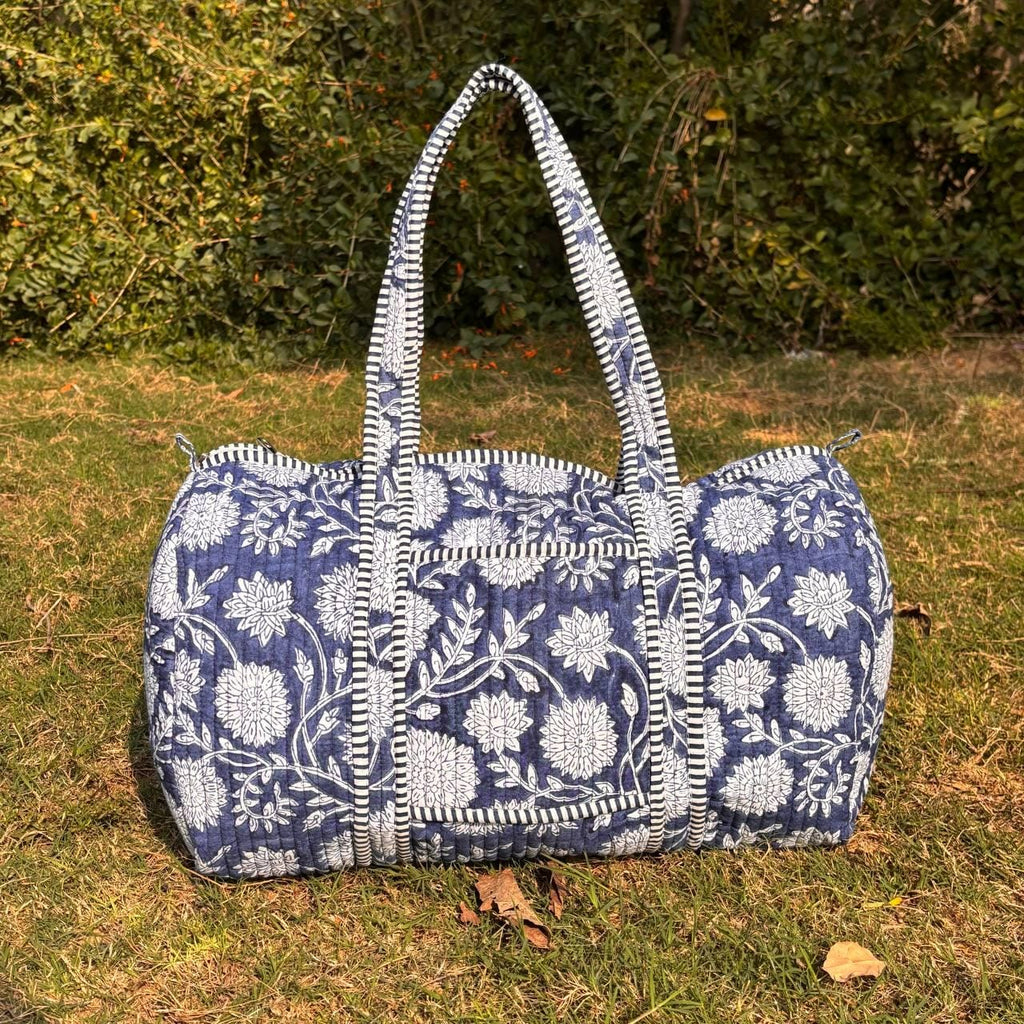 Large royal blue Cotton Quilted Duffle Bags Block print Gifts Handmade Colorful Travel night Travel Gym Yoga Luggage pocket 18x9x9 inches