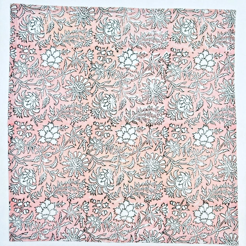 Handmade Salmon Pink Floral Cotton Napkins: Block Printed Table Decor