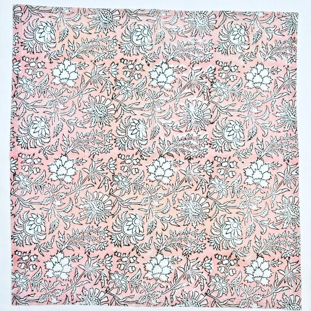 Handmade Salmon Pink Floral Cotton Napkins: Block Printed Table Decor