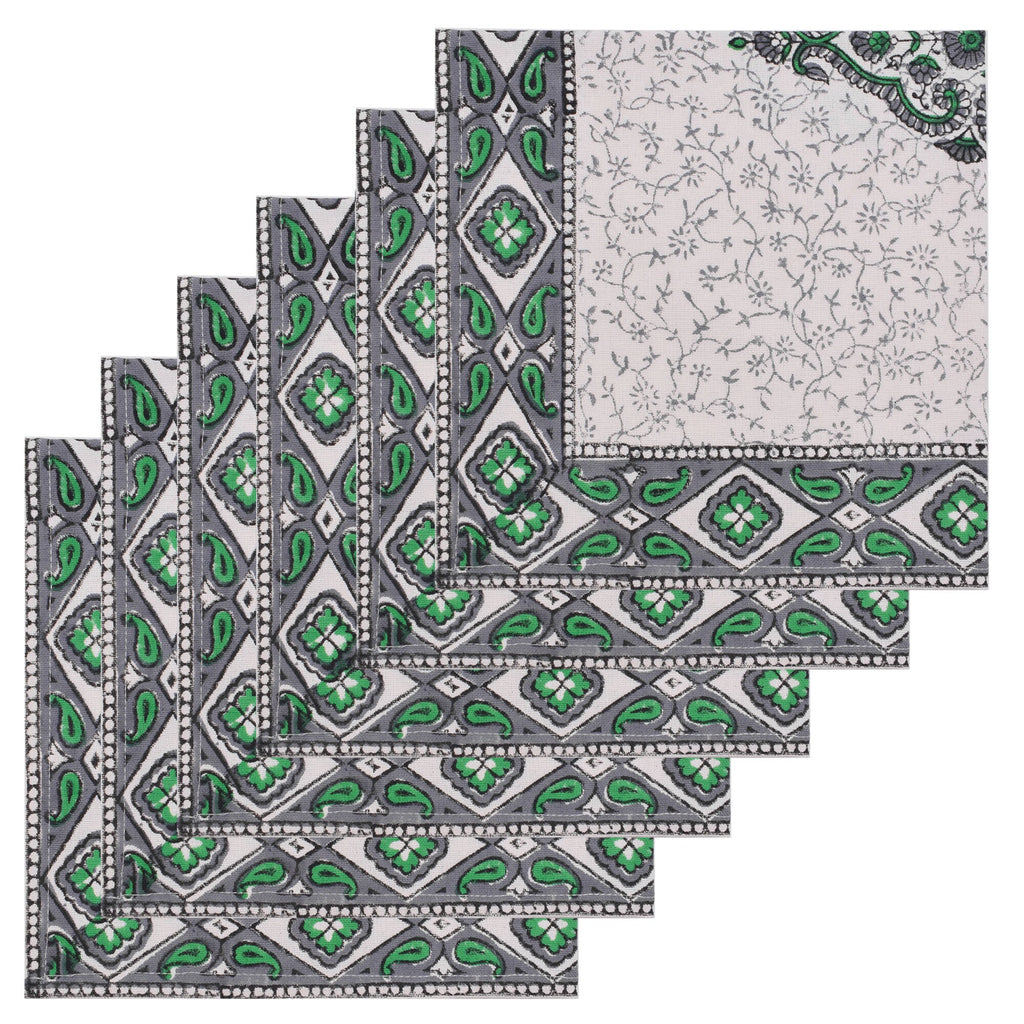 Hand Block Printed Cotton Placemats and Napkins: Gray & Green Floral
