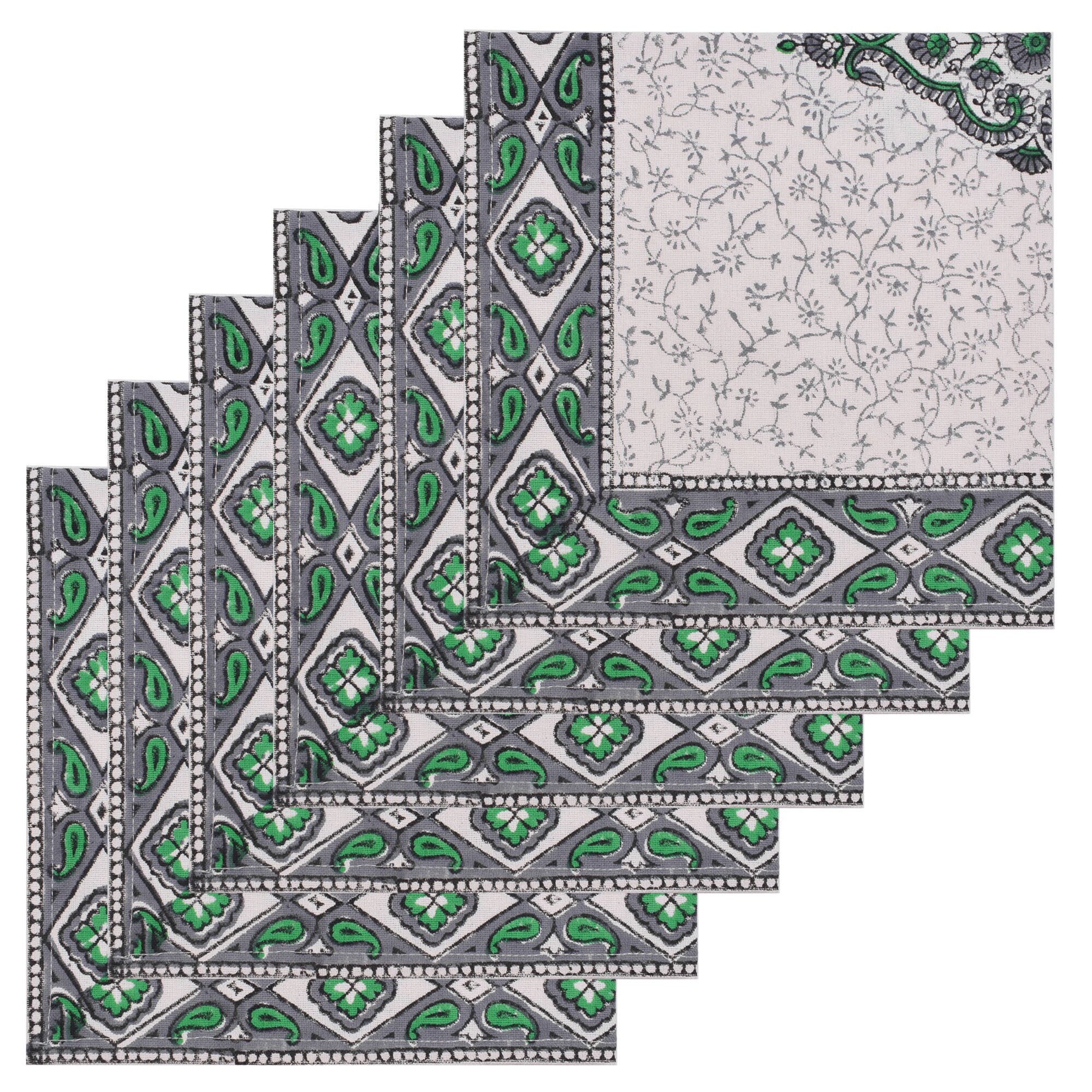 Hand Block Printed Cotton Placemats and Napkins: Gray & Green Floral