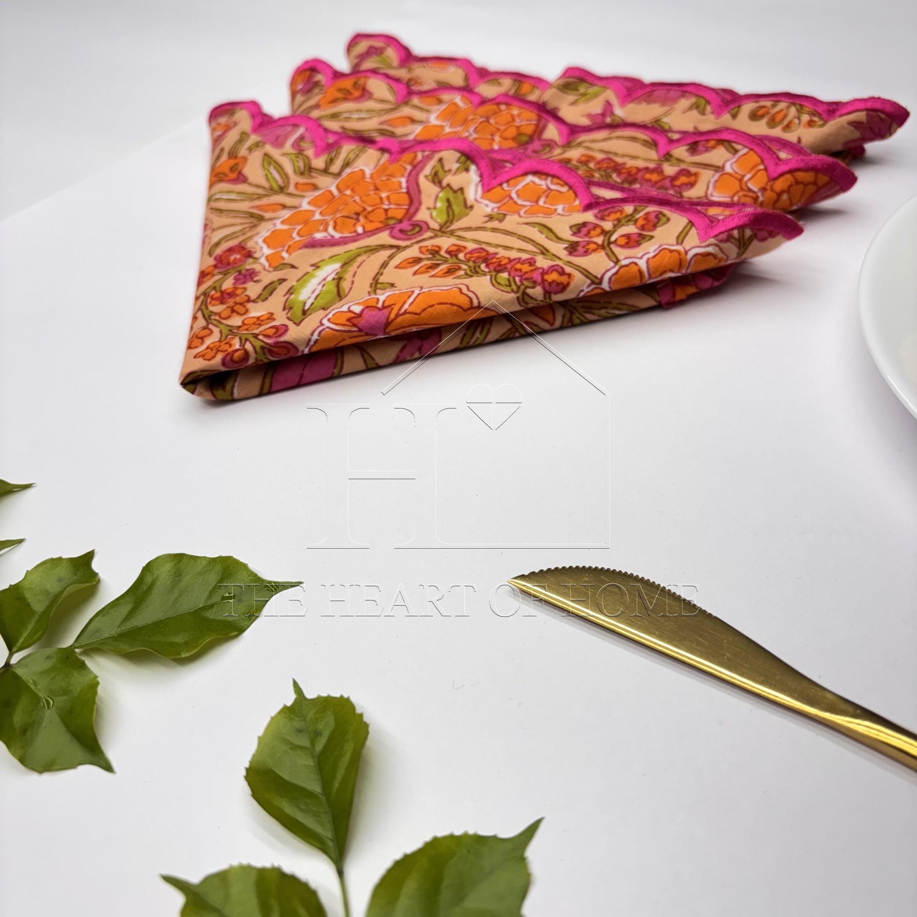 Orange Hand Block Printed Napkins: Embroidered Scallop Edge, Sustainable Cotton