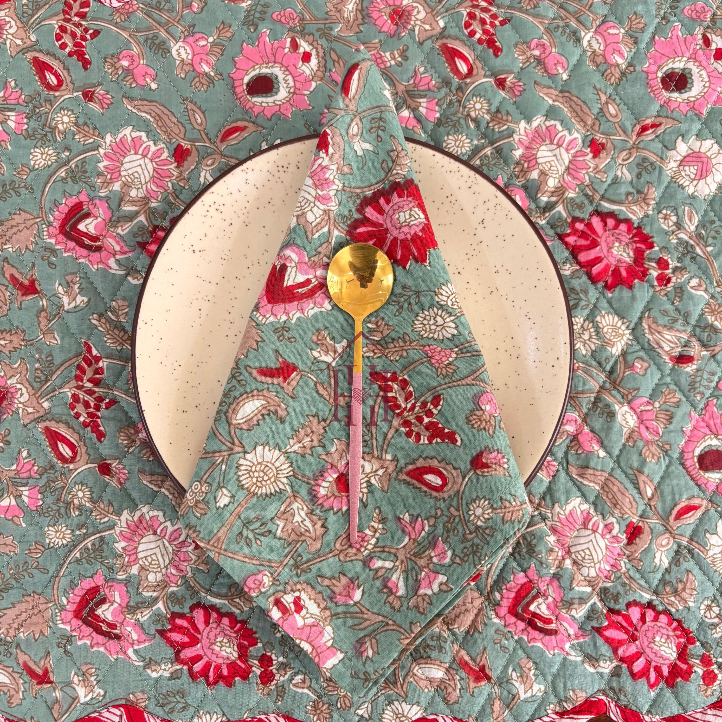 Cotton quilted mats hand block printed christmas green 14x20 Inch Reversible 100% Cotton, Washable, Soft & Absorbent, Perfect for Wedding