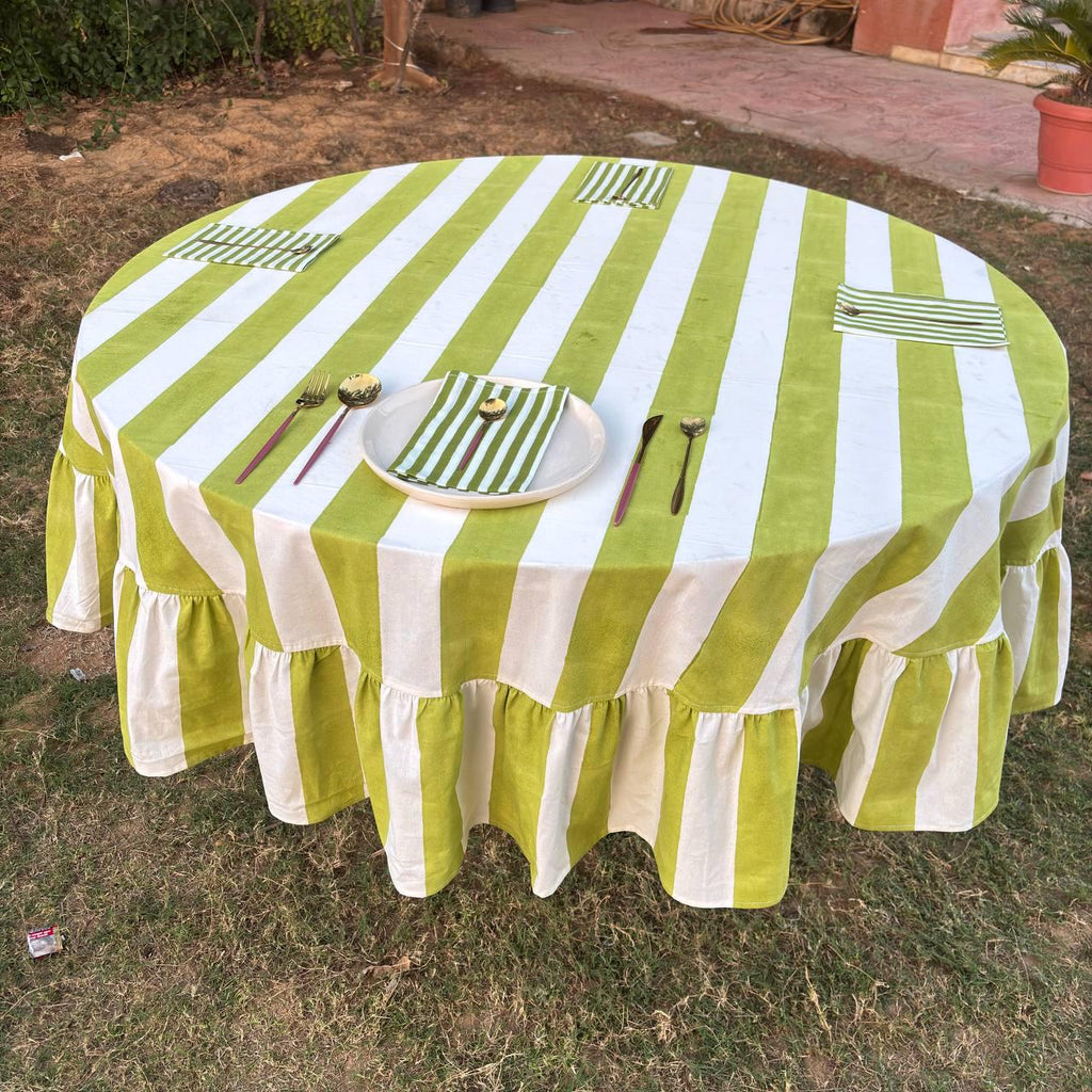 Light Green Stripe Table Cloth for Round Table hand block printed | christmas gift | wedding table deor