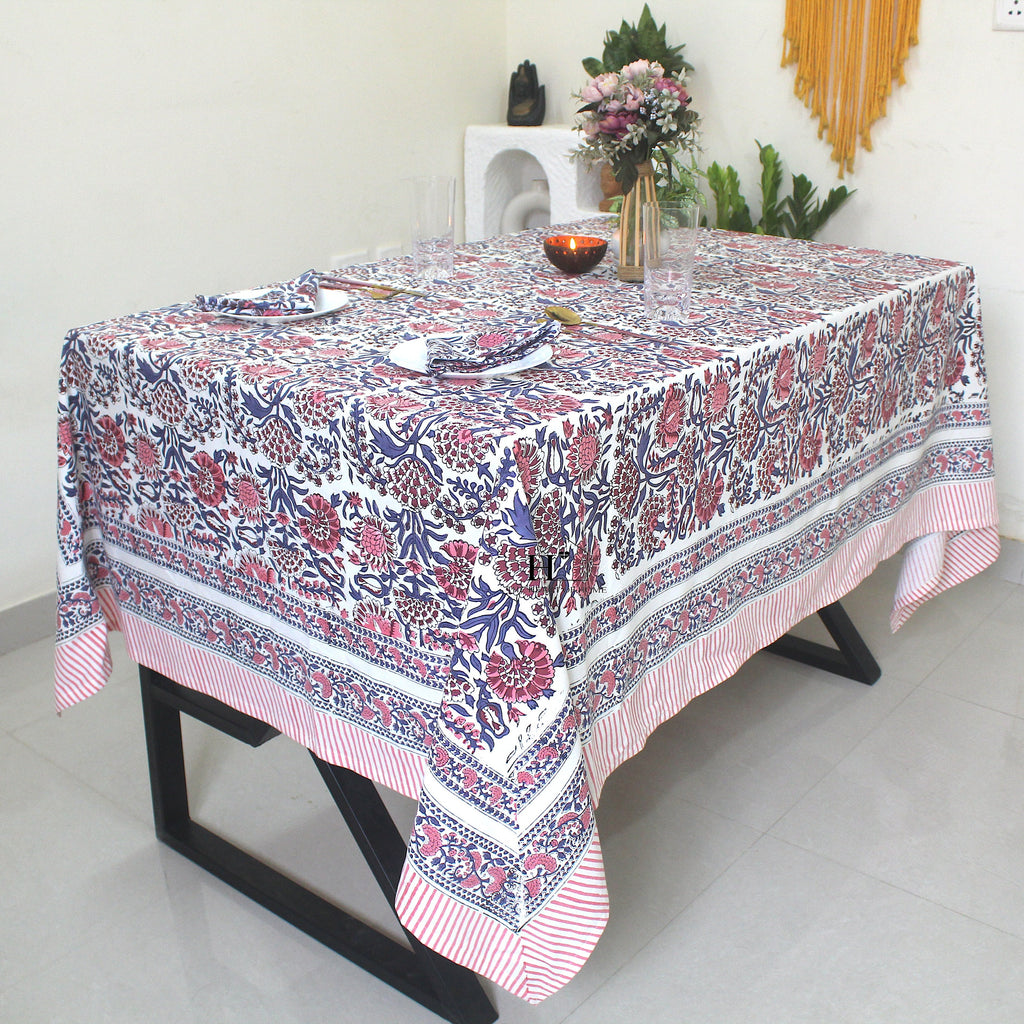 Floral Hand-Block Cotton Tablecloth: Farmhouse Dining, Purple Blooms