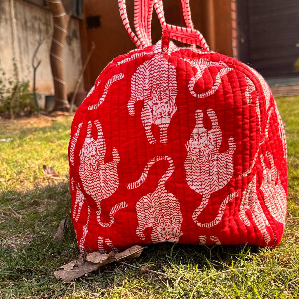 Handmade Red Tiger Cotton Quilted Duffle Bag: Travel Gym Luggage
