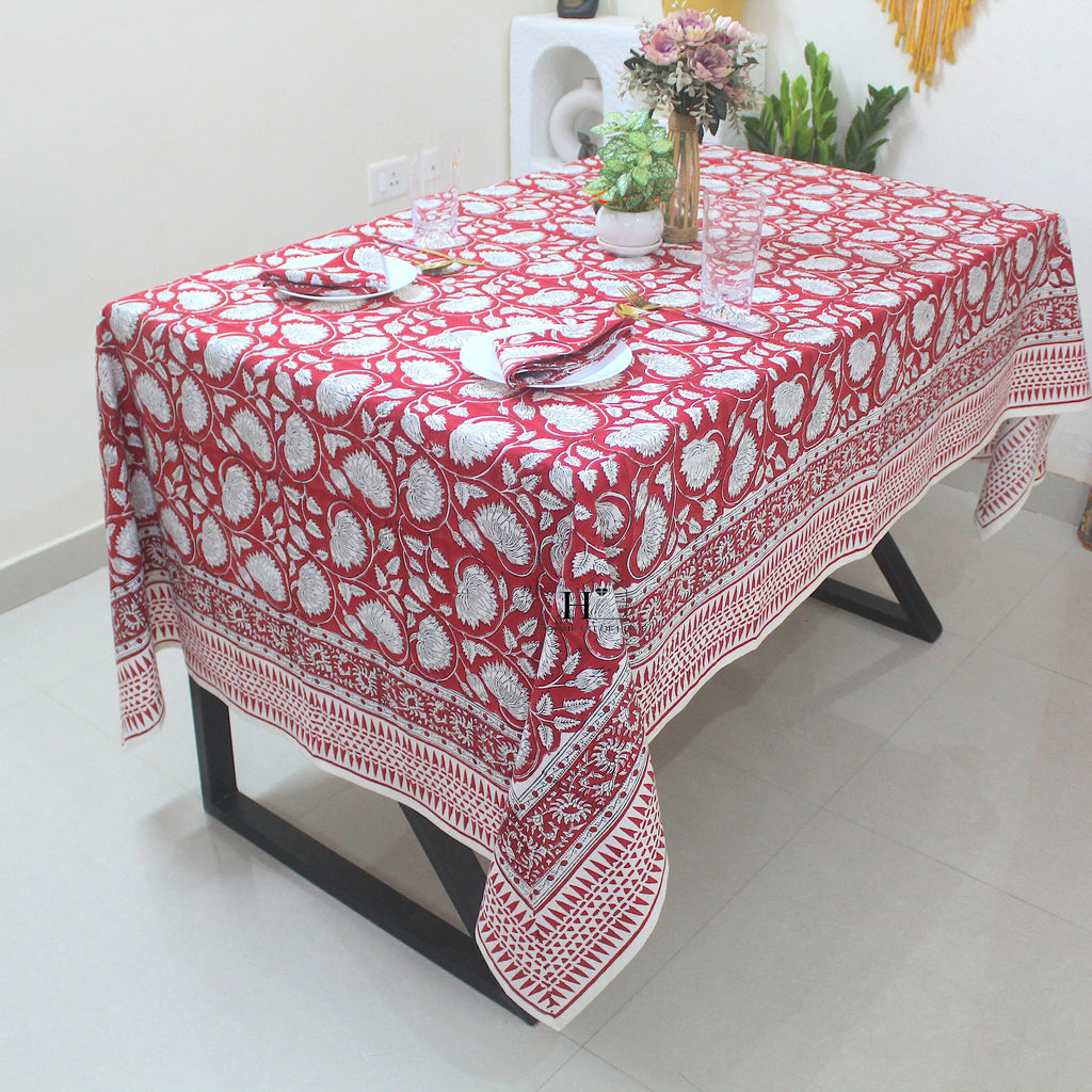 Red Floral Block Print Cotton Tablecloth - Farmhouse Kitchen Decor