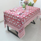 Red Floral Block Print Cotton Tablecloth - Farmhouse Kitchen Decor