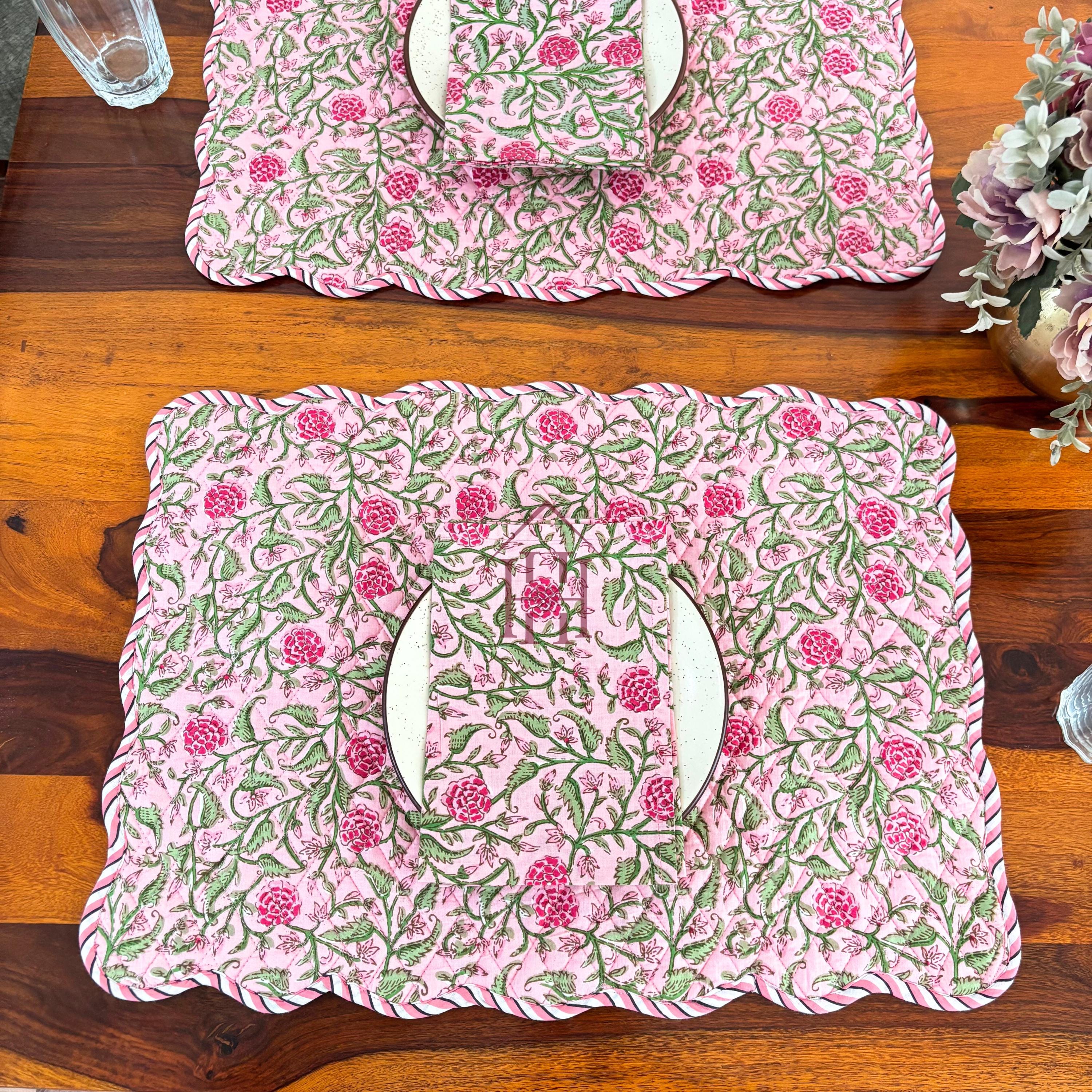Cotton quilted mats hand block printed Rose Pink Floral 14x20 Inch Reversible 100% Cotton, Washable, Soft & Absorbent, Perfect for Wedding