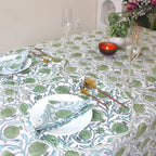 Sage Green Floral Tablecloth: Hand-Block Printed Cotton, Rustic Farmhouse Style