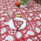 Red Floral Block Print Cotton Tablecloth - Farmhouse Kitchen Decor