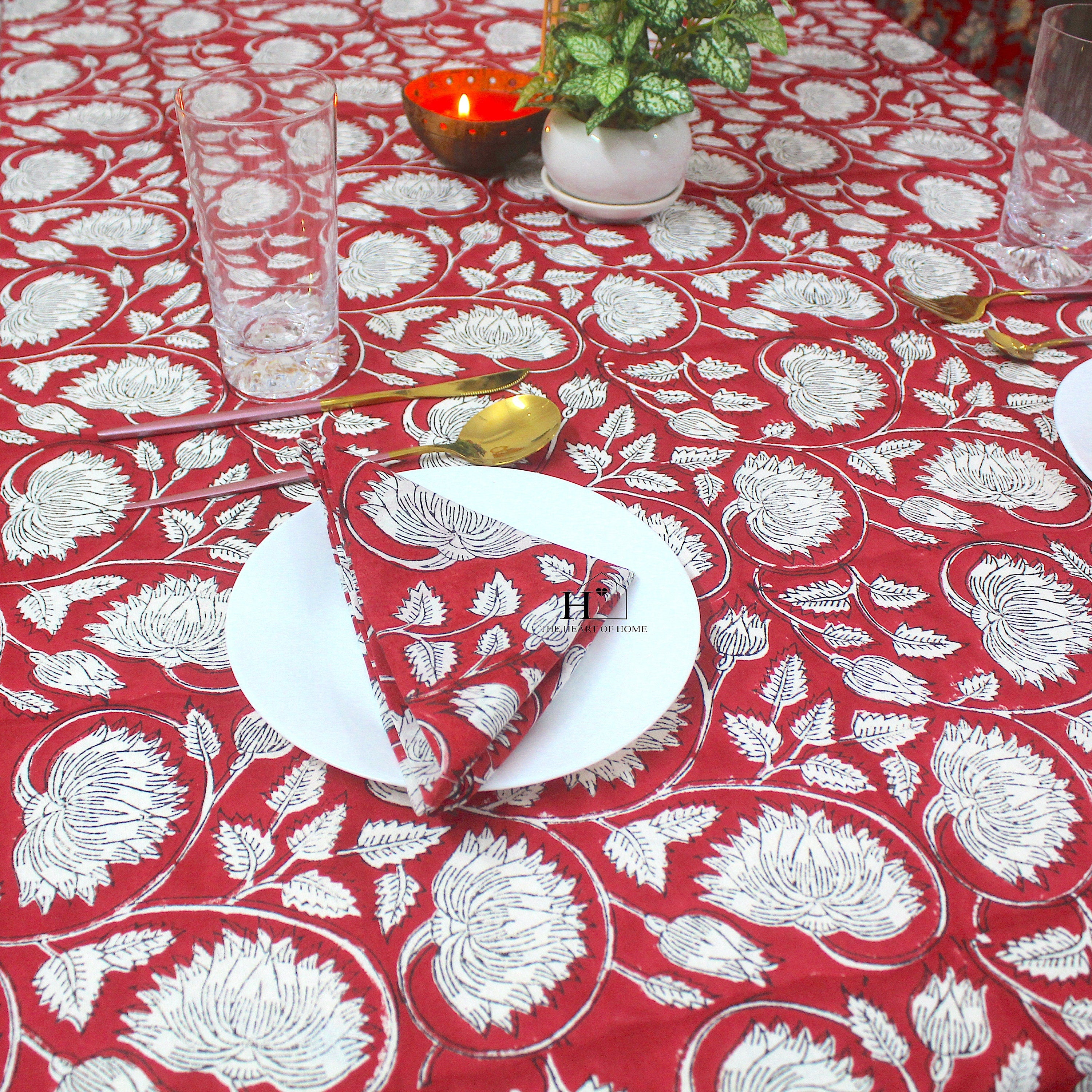 Red Floral Block Print Cotton Tablecloth - Farmhouse Kitchen Decor