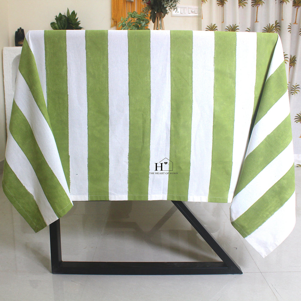 Hand-Block Printed Cotton Tablecloth: Green Stripe Minimalist Decor