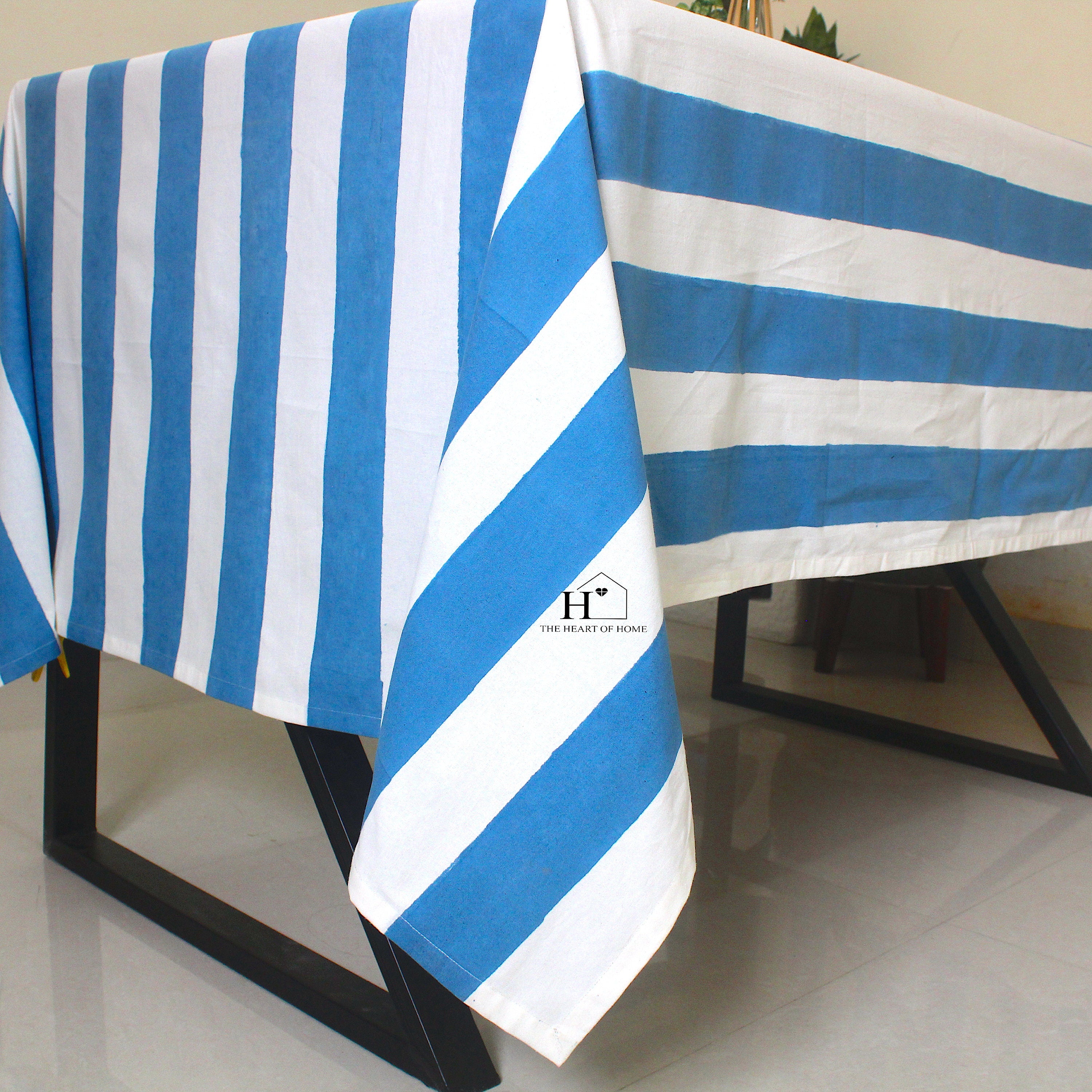 Hand-Block Stripe Cotton Tablecloth: Sky Blue Waterproof Dining Table Cover