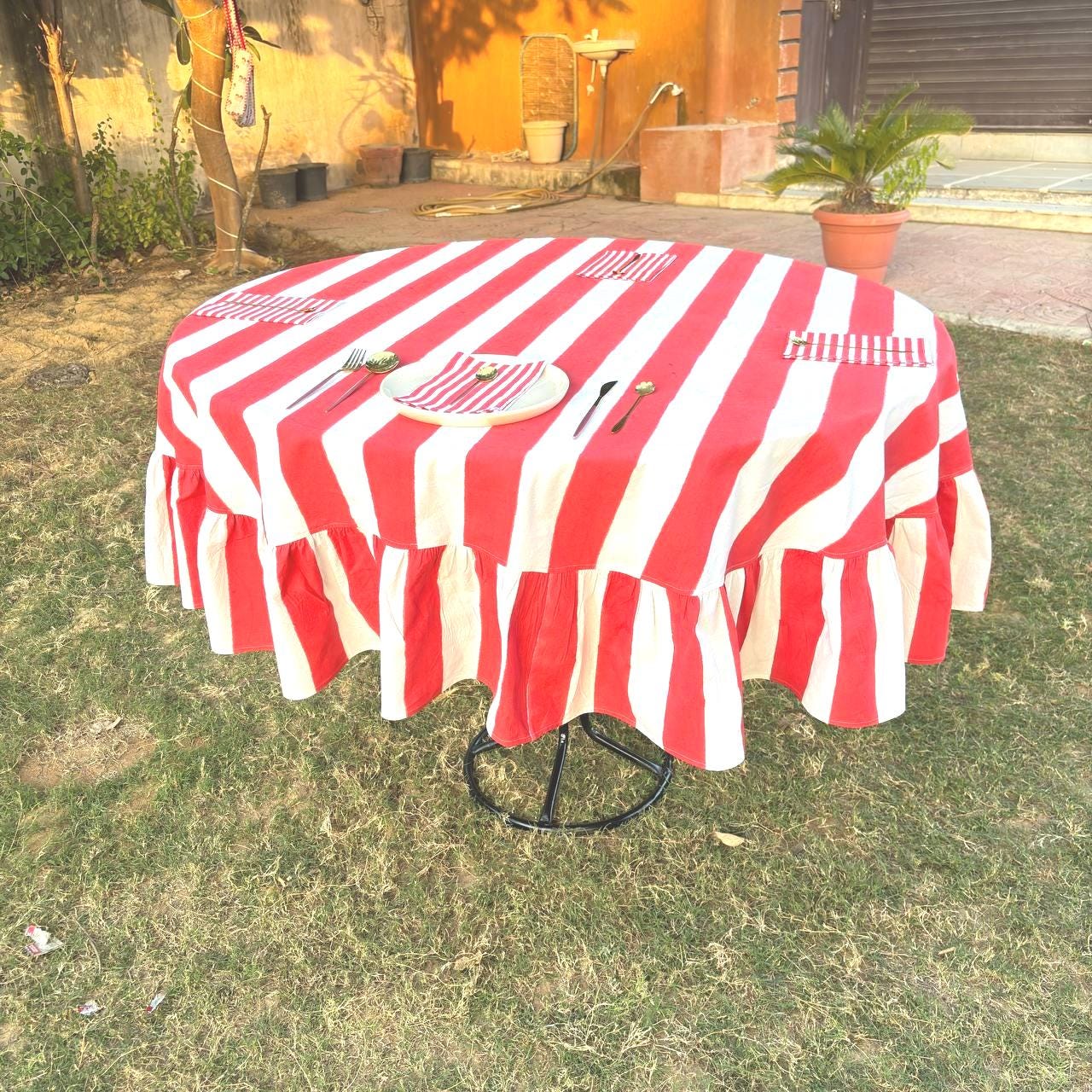 Red Stripe Table Cloth for Round Table hand block printed | christmas gift | wedding table deor